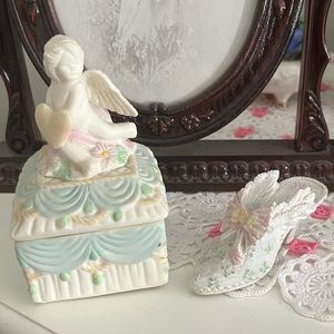 Vintage Ceramic Cherub Jewelry Box and Shoe Figurines | Coquette Fairycore